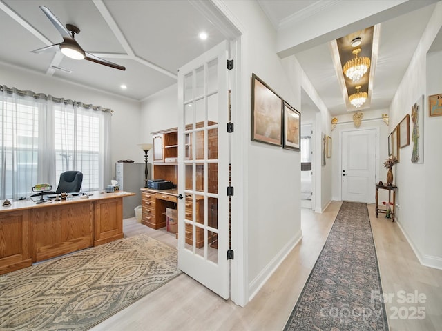 6015 Waldorf Ave, Monroe, NC 28110 - office area featuring light wood-style floors, a ceiling fan, a chandelier, baseboards, and recessed lighting