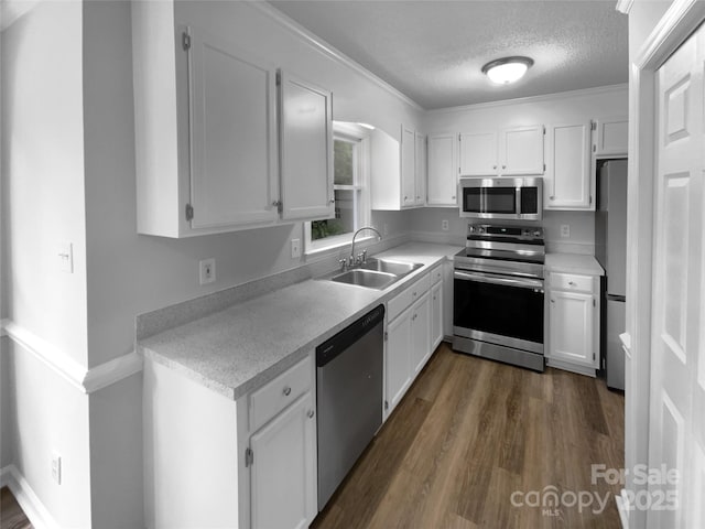 124 Creek Hollow Trl, Belmont, NC 28012 - kitchen with stainless steel appliances, a sink, white cabinets, light countertops, and dark wood-style flooring