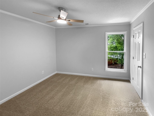 124 Creek Hollow Trl, Belmont, NC 28012 - spare room with carpet flooring, crown molding, ceiling fan, baseboards, and a textured ceiling