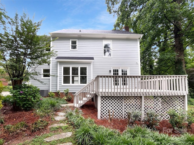 124 Creek Hollow Trl, Belmont, NC 28012 - rear view of property with a wooden deck, a chimney, central AC unit, stairs, and a shingled roof