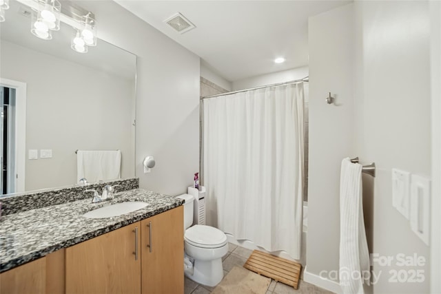 210 N Church St Unit 2807, Charlotte, NC 28202 - bathroom featuring vanity, toilet, shower / bath combination with curtain, and tile patterned floors