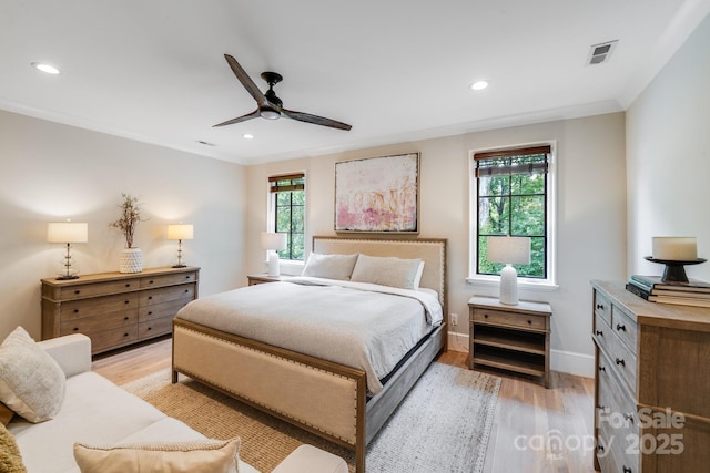 4211 Tangle Dr, Charlotte, NC 28211 - bedroom featuring light wood-style flooring, recessed lighting, baseboards, ceiling fan, and ornamental molding