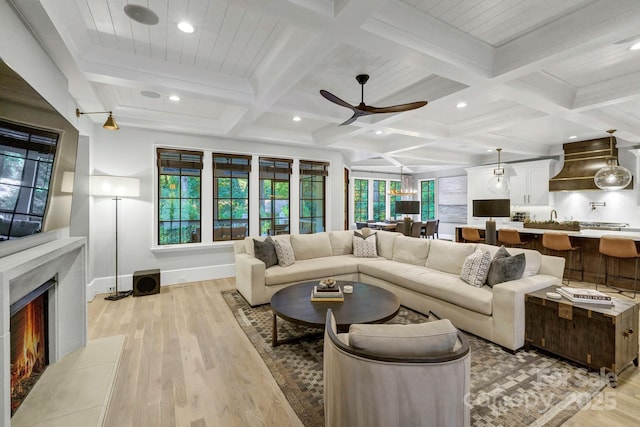 4211 Tangle Dr, Charlotte, NC 28211 - living room with ceiling fan, light wood-style flooring, a premium fireplace, recessed lighting, and beamed ceiling