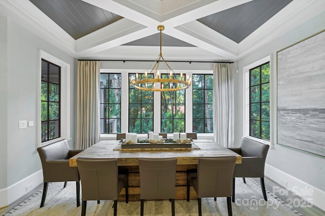4211 Tangle Dr, Charlotte, NC 28211 - dining space featuring baseboards, a chandelier, coffered ceiling, and wooden ceiling with exposed beams