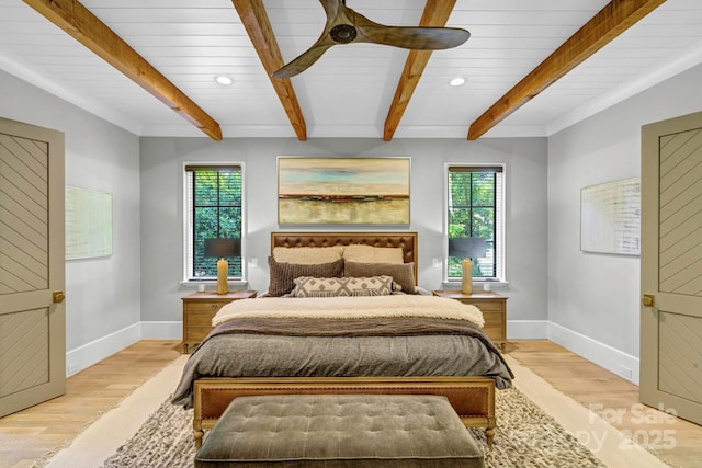 4211 Tangle Dr, Charlotte, NC 28211 - bedroom with multiple windows, baseboards, recessed lighting, light wood finished floors, and wooden ceiling with exposed beams