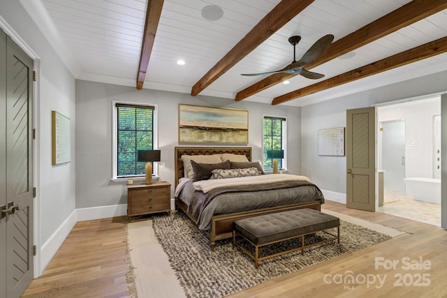 4211 Tangle Dr, Charlotte, NC 28211 - bedroom with baseboards, multiple windows, light wood-style floors, and wood ceiling with exposed beams