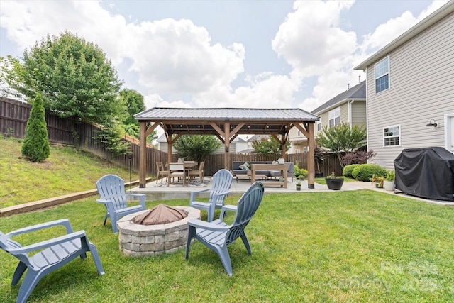 197 Roanoke Rd, Fletcher, NC 28732 - view of yard featuring a fire pit, a gazebo, and a patio area