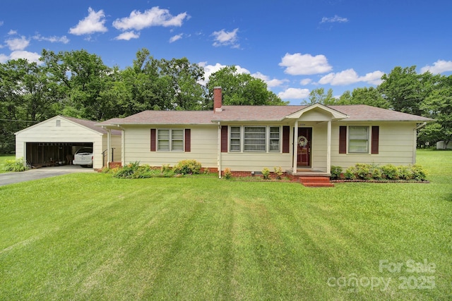 2084 Old Evans Cir, Lancaster, SC 29720 - ranch-style house with a front lawn, a detached garage, roof with shingles, a chimney, and driveway