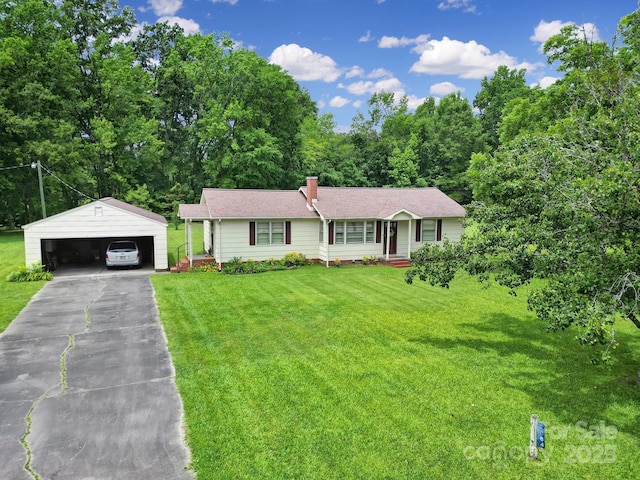 2084 Old Evans Cir, Lancaster, SC 29720 - ranch-style house featuring a garage, an outbuilding, a front lawn, and a chimney