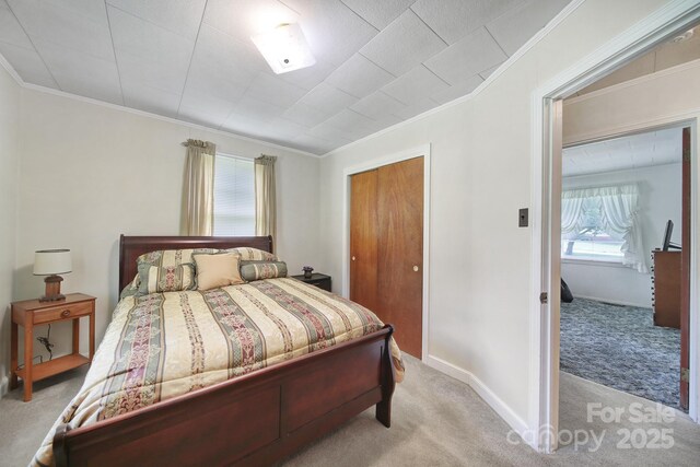 2084 Old Evans Cir, Lancaster, SC 29720 - bedroom with light carpet, ornamental molding, a closet, and baseboards