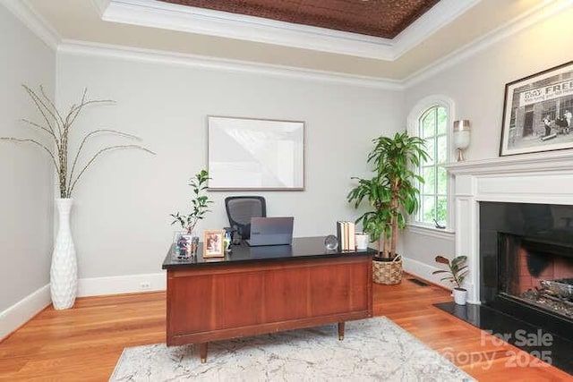 1103 Mapesbury Ln, Waxhaw, NC 28173 - office area with light wood-type flooring, ornamental molding, a raised ceiling, a fireplace, and baseboards