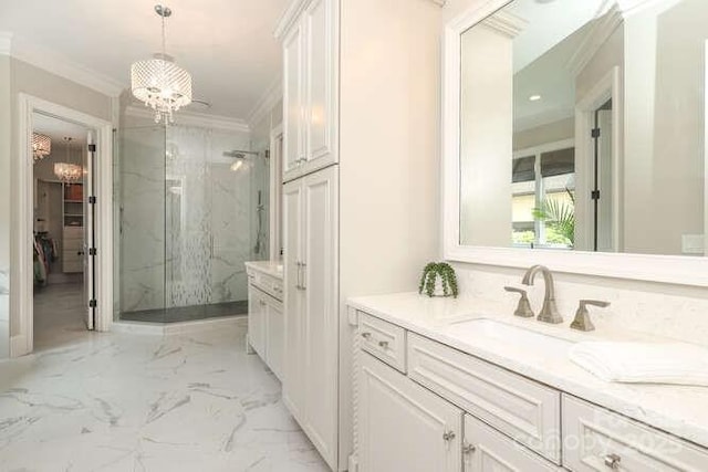 1103 Mapesbury Ln, Waxhaw, NC 28173 - bathroom with a marble finish shower, vanity, crown molding, a chandelier, and marble finish flooring