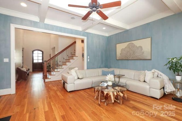 1103 Mapesbury Ln, Waxhaw, NC 28173 - living room with coffered ceiling, stairway, wood finished floors, ceiling fan, and beam ceiling