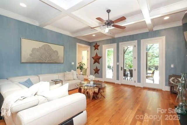 1103 Mapesbury Ln, Waxhaw, NC 28173 - living room featuring coffered ceiling, wood finished floors, beam ceiling, ceiling fan, and recessed lighting