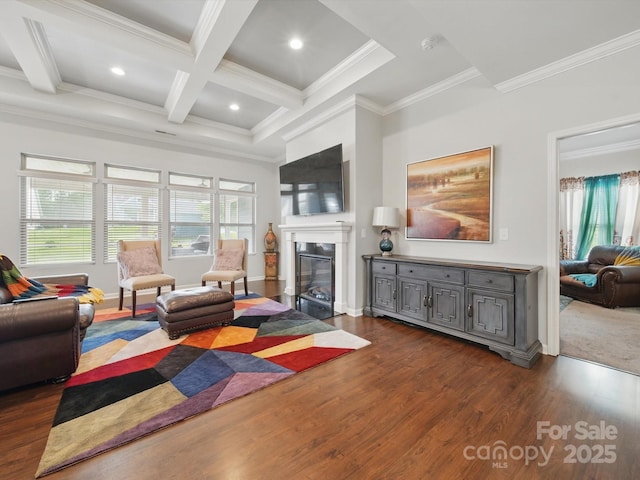11225 Island View Ln, Lancaster, SC 29720 - living area featuring dark wood-style floors, beam ceiling, a glass covered fireplace, coffered ceiling, and ornamental molding