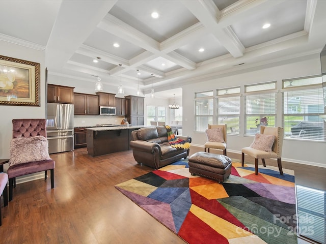 11225 Island View Ln, Lancaster, SC 29720 - living room with dark wood-style flooring, coffered ceiling, beamed ceiling, a chandelier, and crown molding