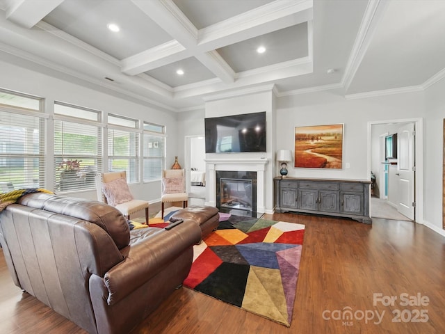 11225 Island View Ln, Lancaster, SC 29720 - living area featuring wood finished floors, baseboards, beam ceiling, ornamental molding, and coffered ceiling
