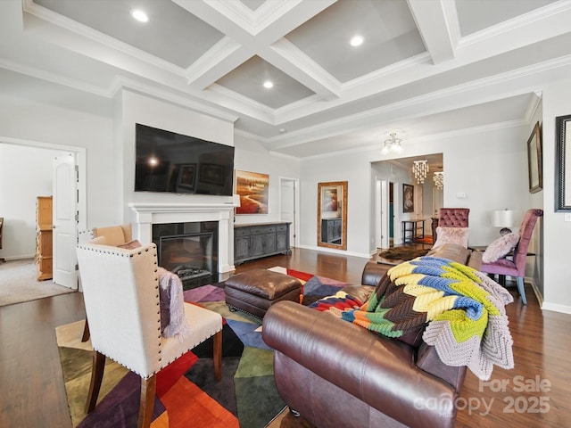 11225 Island View Ln, Lancaster, SC 29720 - living room featuring wood finished floors, beamed ceiling, baseboards, a glass covered fireplace, and coffered ceiling