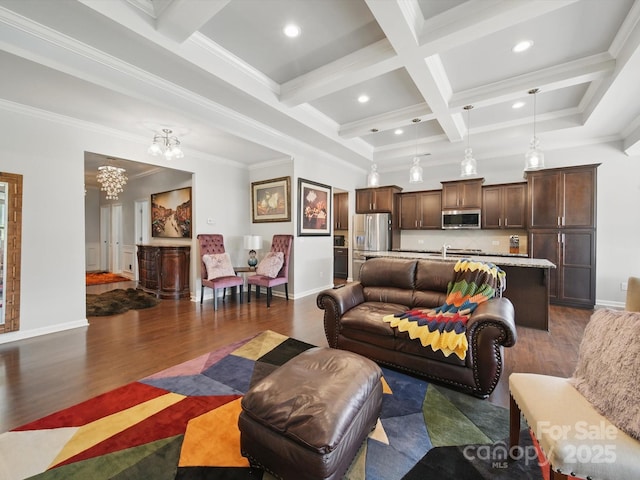 11225 Island View Ln, Lancaster, SC 29720 - living area featuring dark wood-style floors, a chandelier, beamed ceiling, coffered ceiling, and baseboards