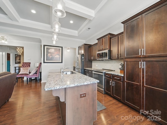 11225 Island View Ln, Lancaster, SC 29720 - kitchen with stainless steel appliances, a sink, a kitchen breakfast bar, dark wood-style flooring, and open floor plan