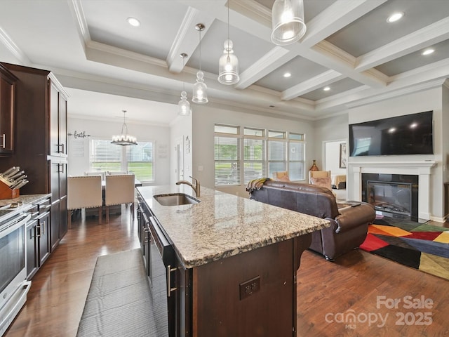 11225 Island View Ln, Lancaster, SC 29720 - kitchen featuring a sink, appliances with stainless steel finishes, a fireplace with flush hearth, dark wood-style floors, and beam ceiling