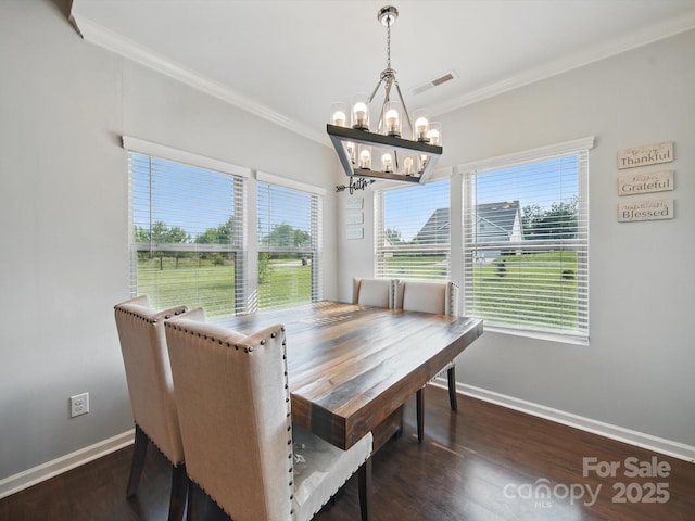 11225 Island View Ln, Lancaster, SC 29720 - dining room with ornamental molding, a chandelier, baseboards, and wood finished floors