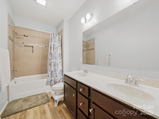 11225 Island View Ln, Lancaster, SC 29720 - full bath featuring toilet, wood finished floors, shower / bathtub combination with curtain, and double vanity