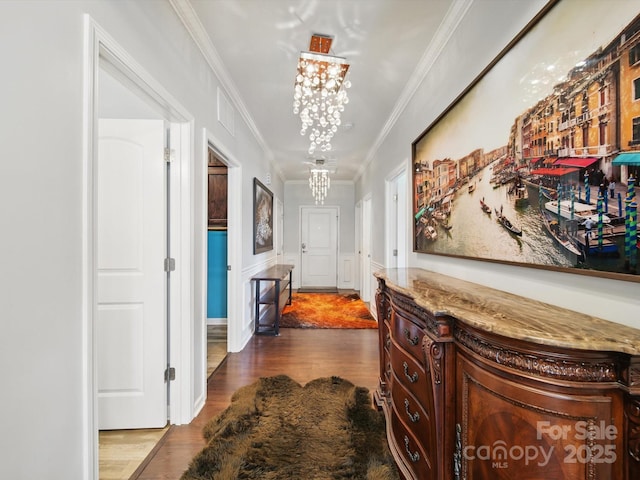 11225 Island View Ln, Lancaster, SC 29720 - corridor featuring a chandelier, dark wood-type flooring, and crown molding