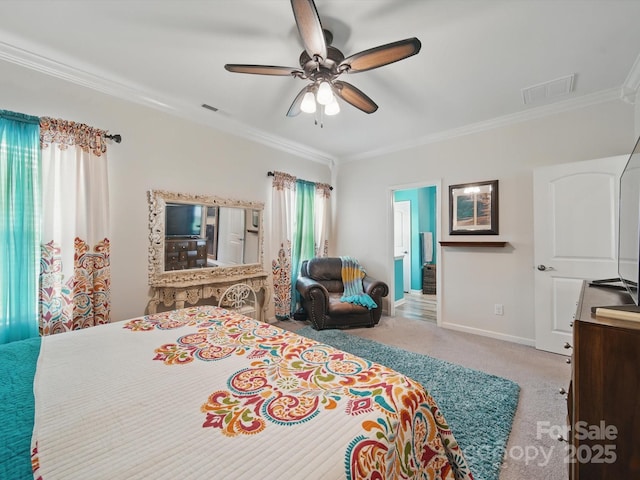 11225 Island View Ln, Lancaster, SC 29720 - bedroom with carpet, ornamental molding, baseboards, and a ceiling fan