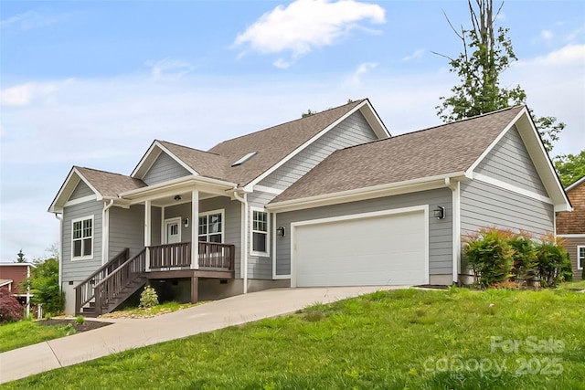 6 Meeting St, Asheville, NC 28803 - ranch-style house featuring a porch, an attached garage, concrete driveway, a front lawn, and roof with shingles