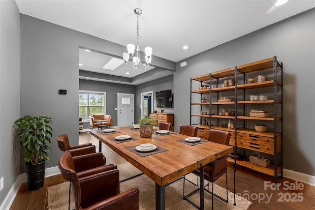 6 Meeting St, Asheville, NC 28803 - dining room featuring dark wood-style floors, a chandelier, baseboards, and recessed lighting