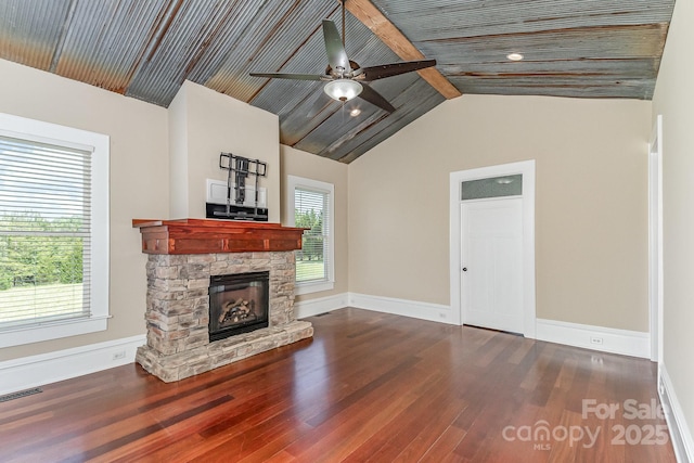 135 Waycross Dr, Rockwell, NC 28110 - unfurnished living room featuring wood finished floors, a fireplace, ceiling fan, and baseboards