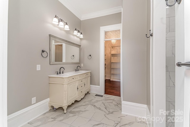 135 Waycross Dr, Rockwell, NC 28110 - bathroom with marble look tiles, double vanity, ornamental molding, and baseboards