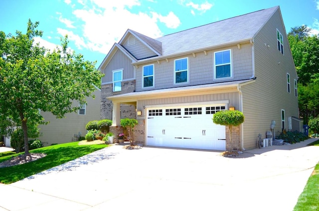 7170 Kenyon Dr, Denver, NC 28037 - craftsman inspired home featuring an attached garage, concrete driveway, brick siding, board and batten siding, and a front lawn