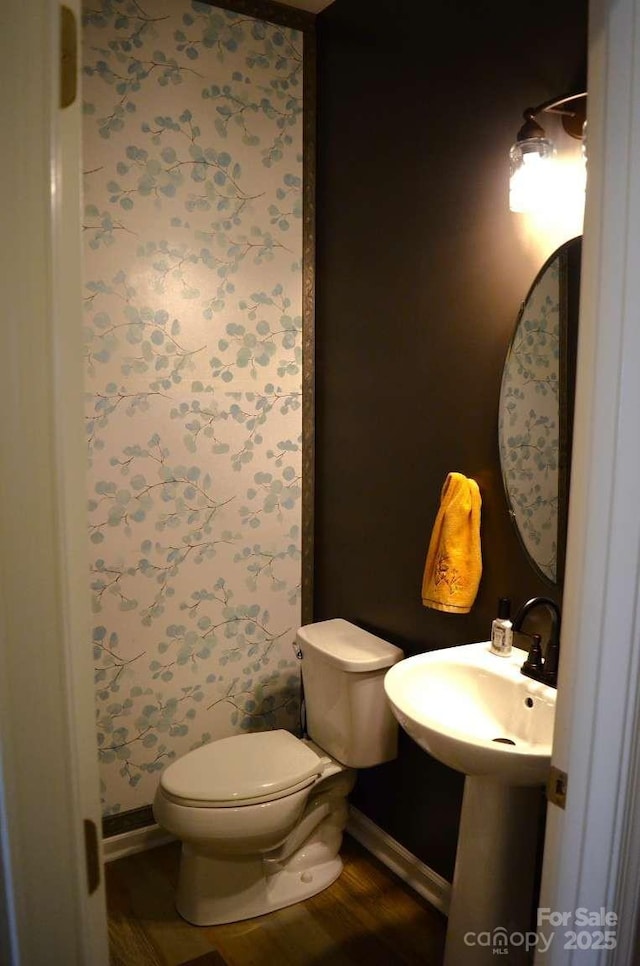 7170 Kenyon Dr, Denver, NC 28037 - bathroom with toilet, baseboards, wood finished floors, and a sink