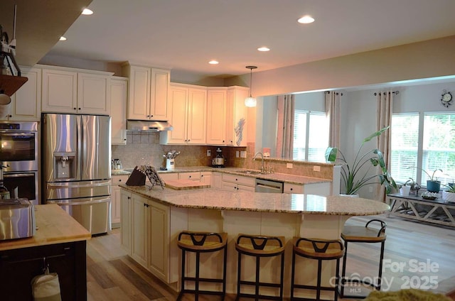 7170 Kenyon Dr, Denver, NC 28037 - kitchen featuring stainless steel appliances, under cabinet range hood, a sink, plenty of natural light, and recessed lighting