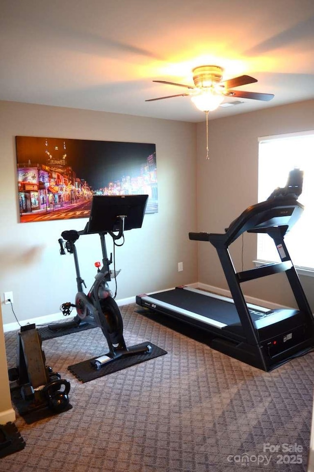 7170 Kenyon Dr, Denver, NC 28037 - workout area with carpet floors, ceiling fan, and baseboards