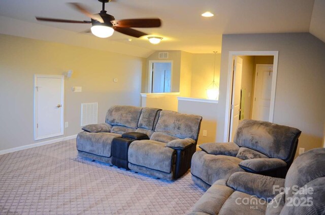 7170 Kenyon Dr, Denver, NC 28037 - living room featuring lofted ceiling, carpet floors, a ceiling fan, baseboards, and recessed lighting