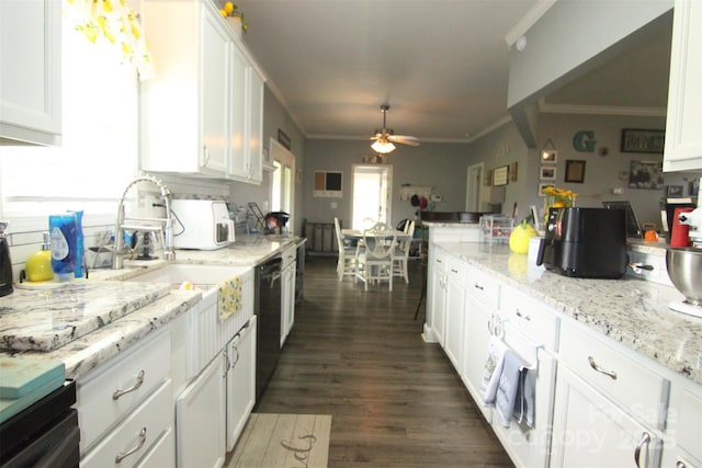 1545 Lewis Farm Rd, Kings Mountain, NC 28086 - kitchen featuring dishwasher, ornamental molding, a ceiling fan, white cabinetry, and dark wood finished floors