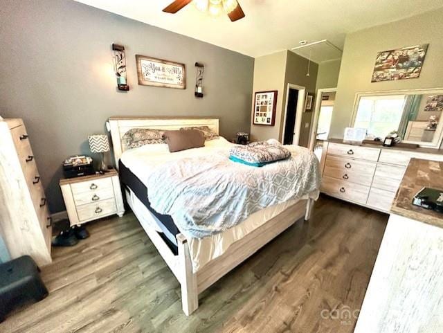 1545 Lewis Farm Rd, Kings Mountain, NC 28086 - bedroom featuring attic access, dark wood-type flooring, and a ceiling fan