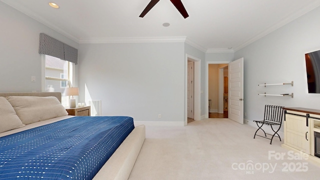 5590 Elk Knob Ct, Denver, NC 28037 - bedroom with crown molding, light carpet, a ceiling fan, and recessed lighting