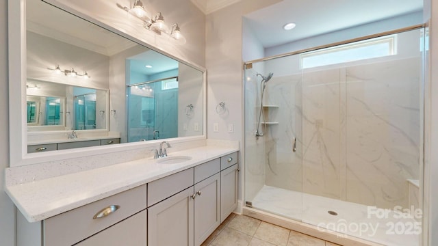 5590 Elk Knob Ct, Denver, NC 28037 - bathroom with a marble finish shower, vanity, and tile patterned floors