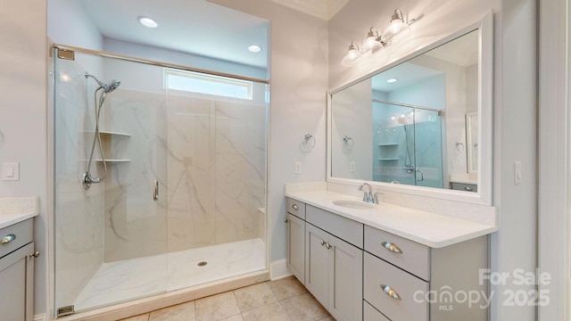 5590 Elk Knob Ct, Denver, NC 28037 - bathroom with vanity, a marble finish shower, and tile patterned flooring
