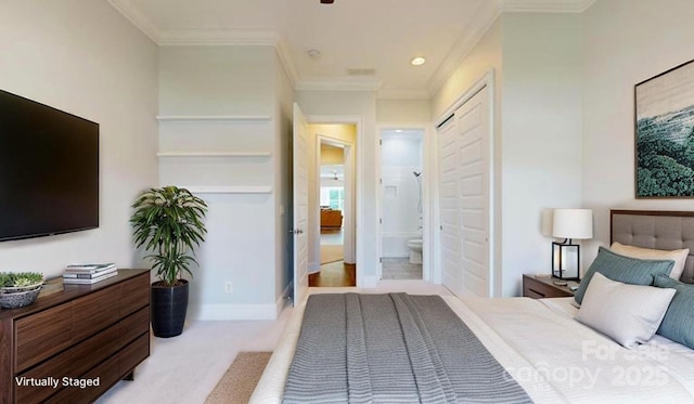 5590 Elk Knob Ct, Denver, NC 28037 - bedroom featuring crown molding, light colored carpet, and connected bathroom