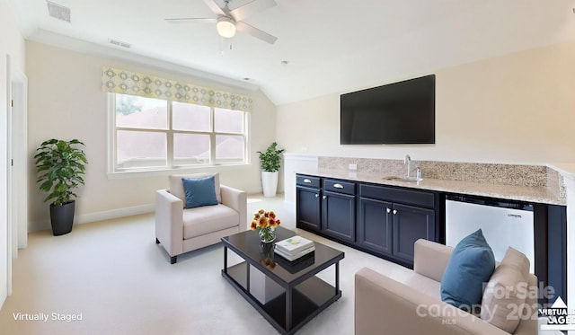 5590 Elk Knob Ct, Denver, NC 28037 - living room featuring vaulted ceiling, ceiling fan, and bar