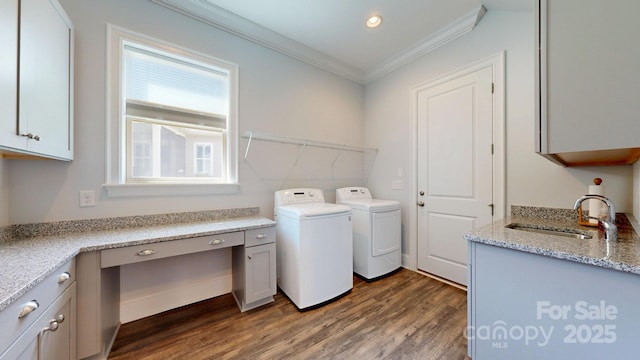 5590 Elk Knob Ct, Denver, NC 28037 - laundry area featuring ornamental molding, washing machine and clothes dryer, dark wood-type flooring, recessed lighting, and an office area