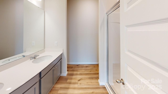 2547 Ruby Dixon Crossing Dr Unit 17, Gastonia, NC 28056 - bathroom featuring vanity, wood finished floors, and a shower with door