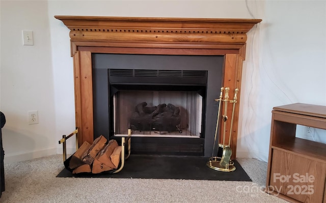 253 Nors Way Unit 26, Lake Lure, NC 28746 - detailed view of carpet flooring, a fireplace with flush hearth, and baseboards