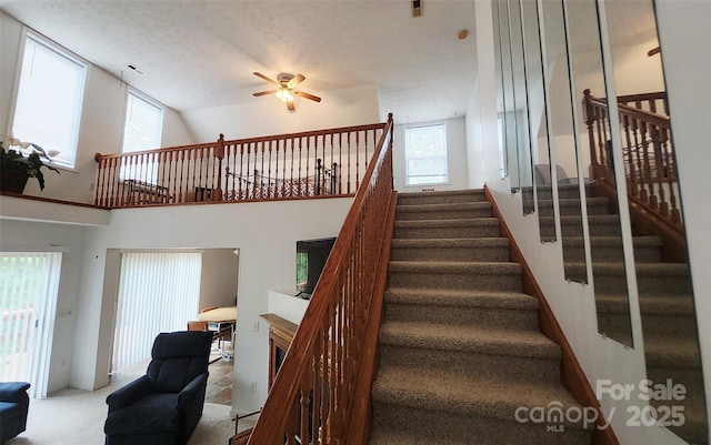 253 Nors Way Unit 26, Lake Lure, NC 28746 - stairway with a ceiling fan, carpet flooring, and a high ceiling