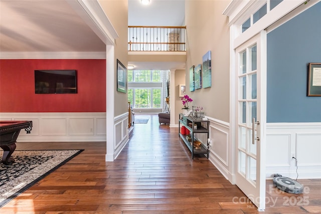1868 Chestnut Hill Dr, Tega Cay, SC 29708 - entryway with hardwood / wood-style floors, wainscoting, a decorative wall, ornamental molding, and billiards table